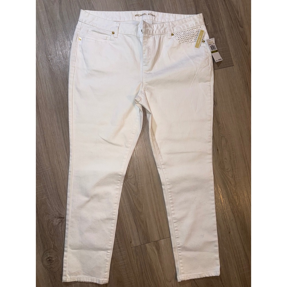 Michael Kors White Skinny Leg Studded Jeans 14P Gold Studs TS59A77TK6